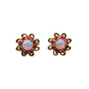 Coro Faux Opal and Pink Crystal Flower Earrings, Vintage Screw Back